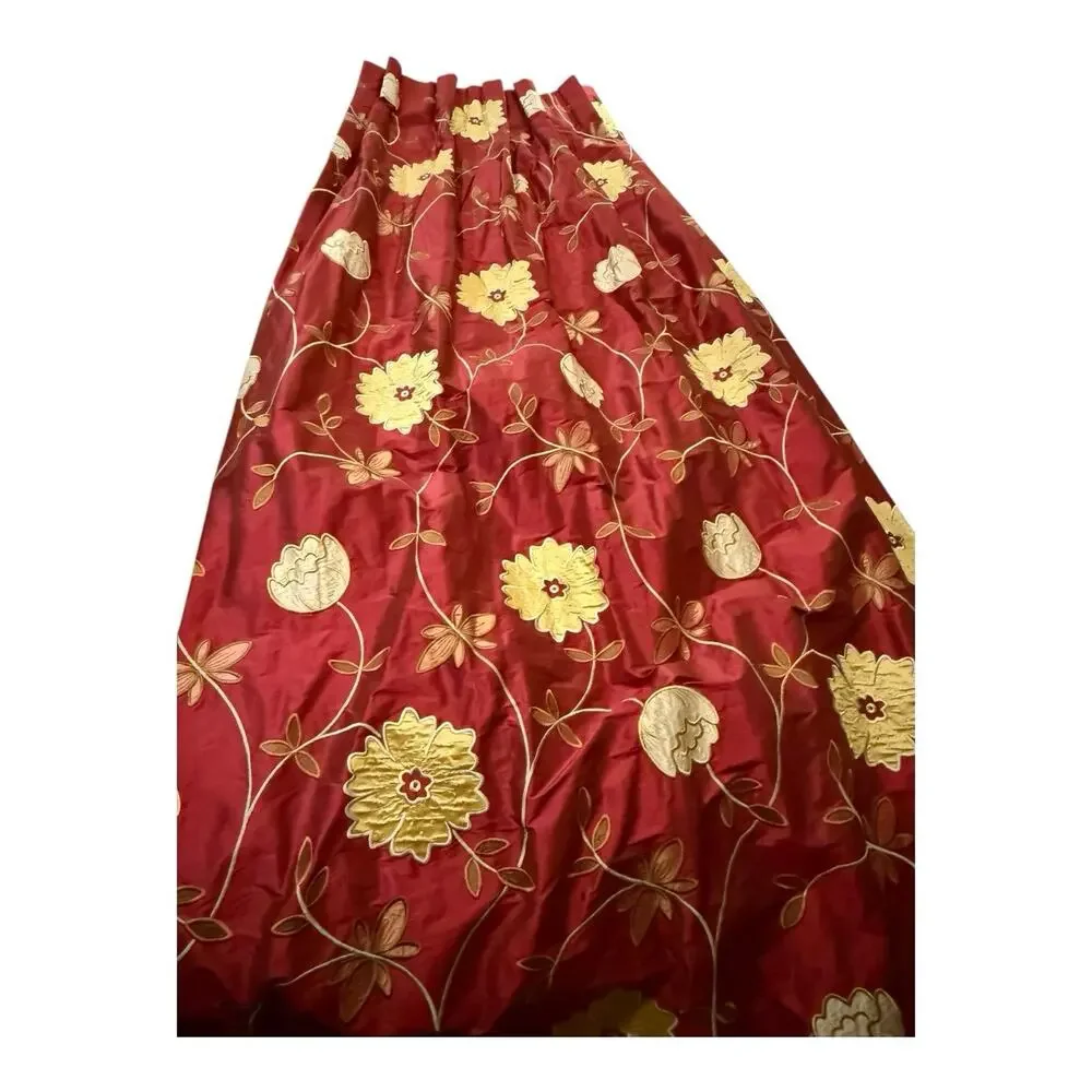 2 -Silk Taffeta Embroidered Floral Red Yellow Lined Drapery Curtain Panels 24x98